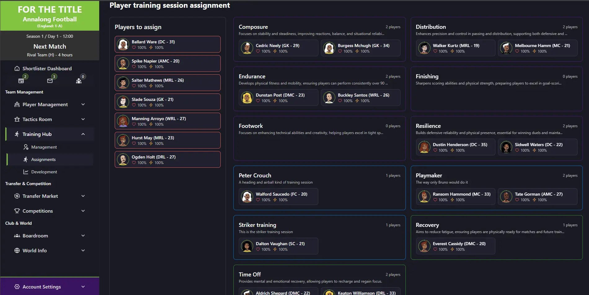 The training assignment screen with a list of players to assign on the left and training sessions on the right, such as Composure, Distribution, Endurance, Resilience, Playmaker, Recovery and Time Off, each showing the players currently assigned to it.