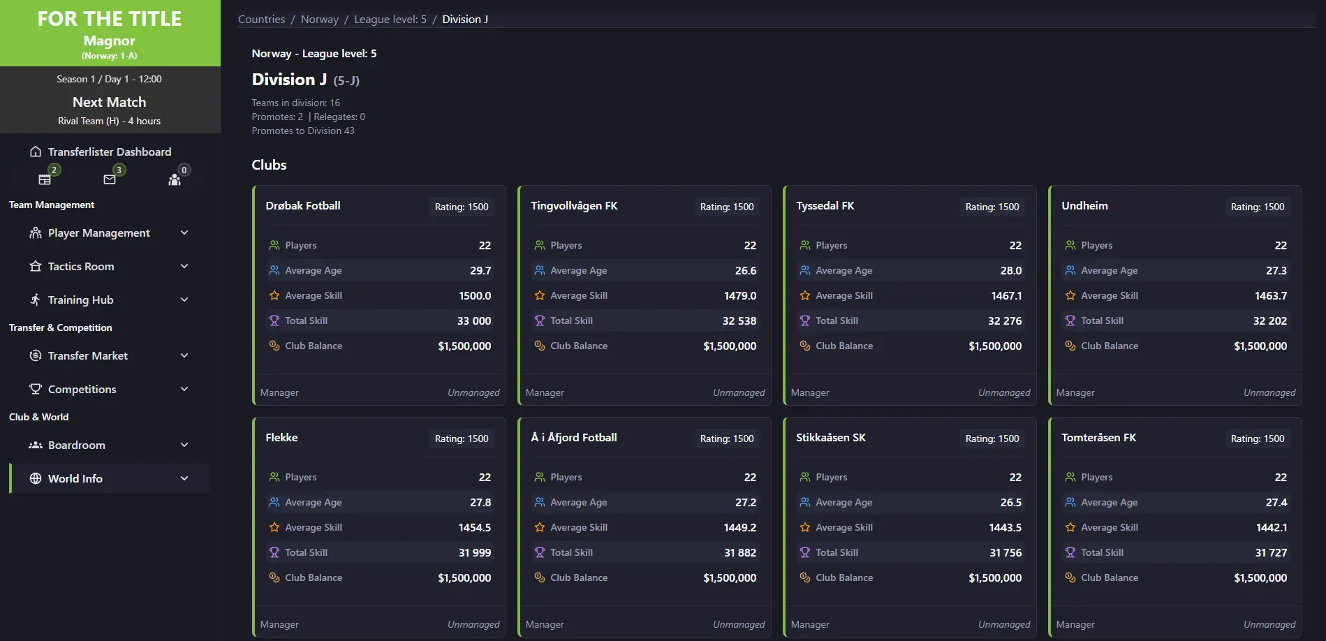 A division overview for a lower league, listing its clubs as cards with each club's number of players, average age, average and total skill, club balance and whether the club is currently managed.